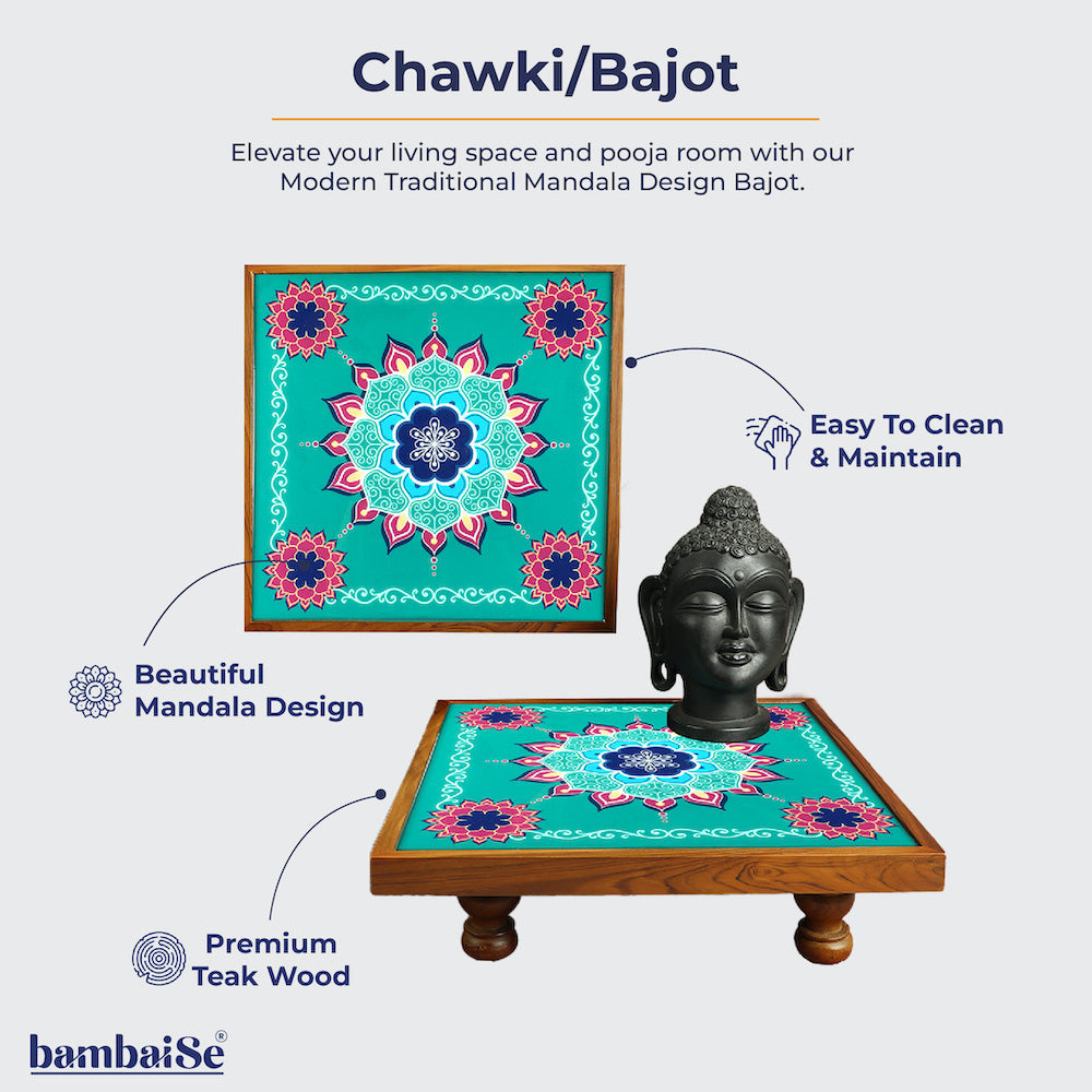 Radiate positivity with the Bajot Aquamarine Mandala, expertly crafted from Teak Wood and featuring Serenity Mandala Art. Whether utilized for decor, pooja, or spiritual decor, this versatile piece, also recognized as Chowki or Pattla, offers a sacred setting for placing god idols.