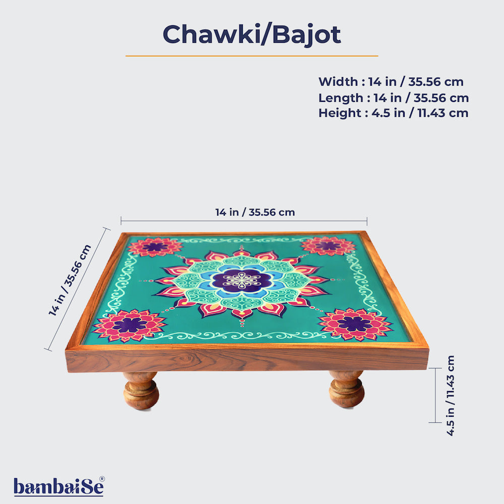 Infuse your living space with the essence of the Bajot Aquamarine Mandala, a Teak Wood creation showcasing Serenity Mandala Art. Suited for decor, pooja, and spiritual decor, this piece, alternatively called Chowki or Pattla, provides an elegant foundation for placing god idols, fostering a tranquil atmosphere.