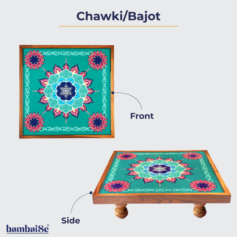 Introducing the Bajot Aquamarine Mandala ‰ÛÒ a Teak Wood masterpiece featuring Serenity Mandala Art, ideal for decor, pooja, and spiritual decor. Embracing the names Chowki or Pattla in diverse cultures, this piece creates a sacred space for placing god idols, radiating elegance and charm.