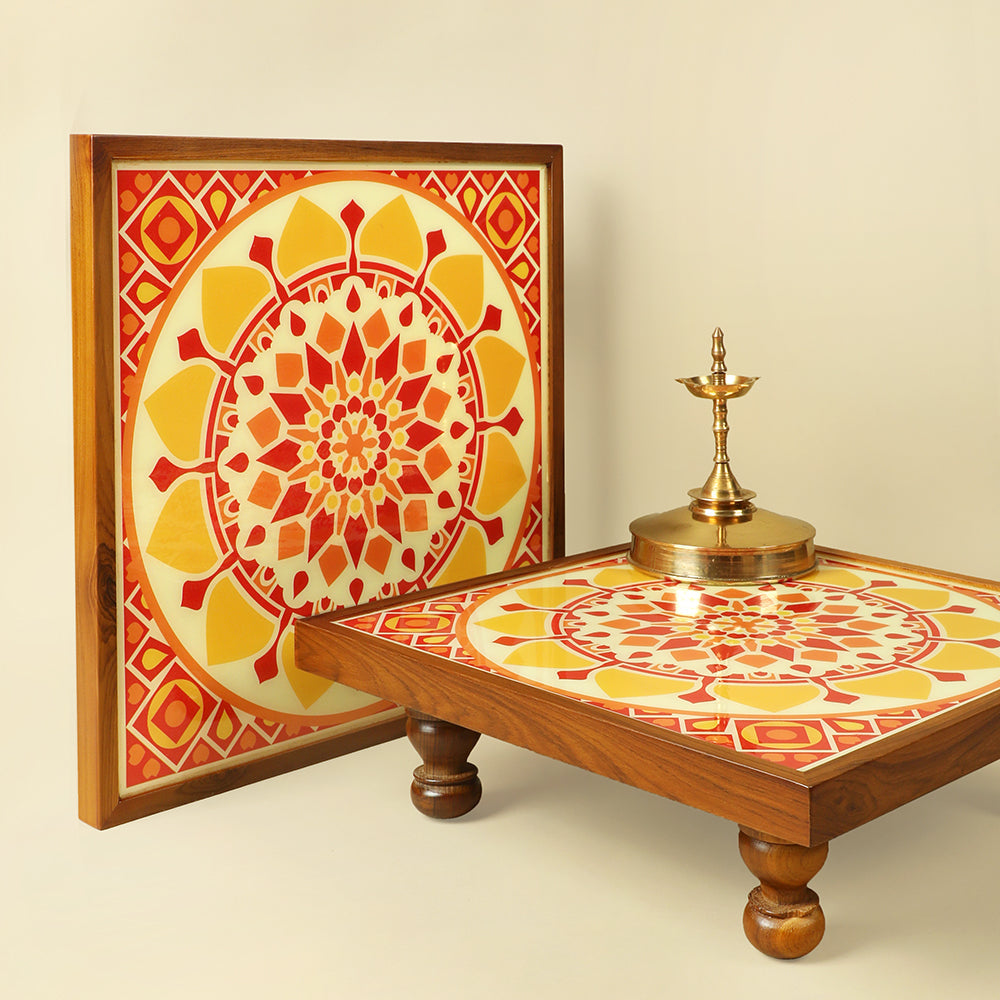 Illuminate your space with the Bajot Sunshine Mandala Art, a Teak Wood masterpiece perfect for decor, pooja, and spiritual decor. Also known as Chowki or Pattla in different cultures, this piece features Serenity Mandala Art, creating a serene ambiance for placing god idols.