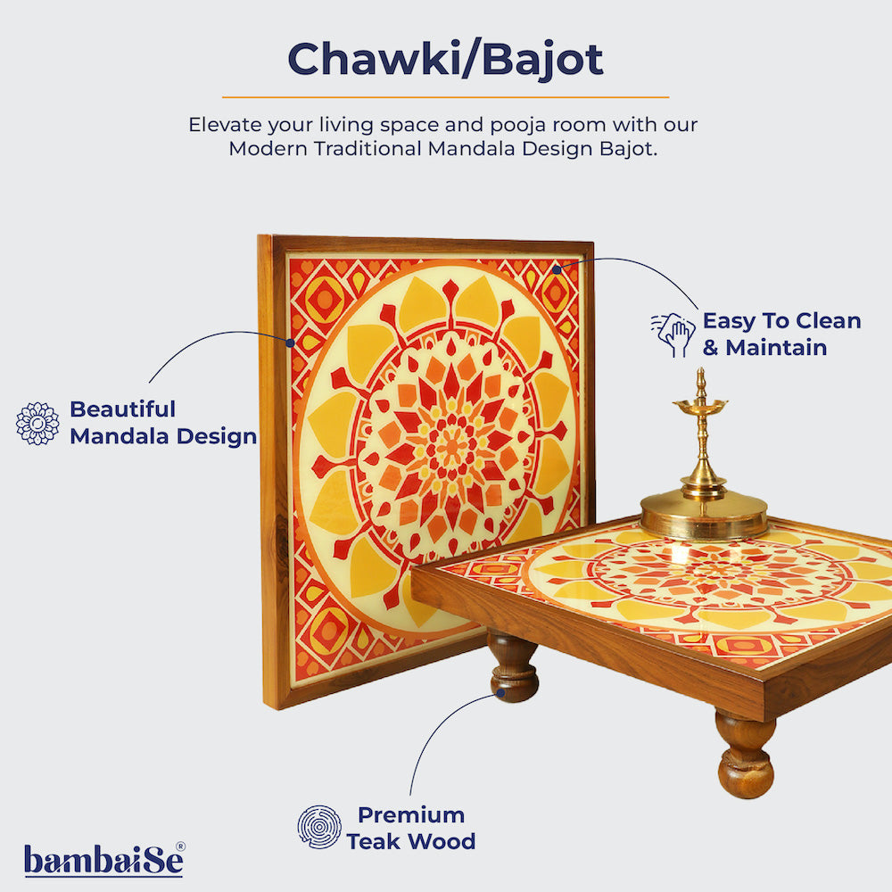 Experience the warmth of the Bajot Sunshine Mandala Art, crafted from Teak Wood and adorned with Serenity Mandala Art. Whether used for decor, pooja, or spiritual decor, this versatile piece, also known as Chowki or Pattla, provides a sacred platform for placing god idols.