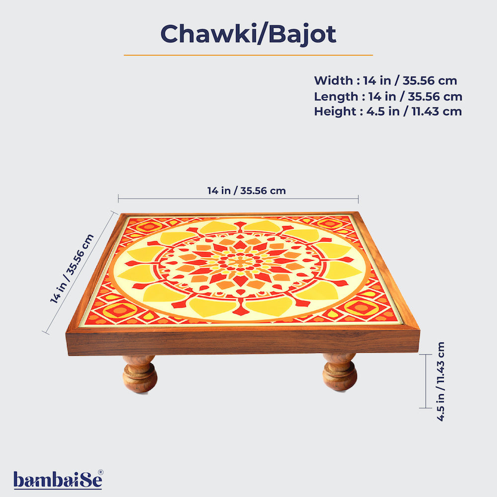 Transform your home with the Bajot Sunshine Mandala Art, a Teak Wood gem featuring Serenity Mandala Art. Ideal for decor, pooja, and spiritual decor, this piece, also called Chowki or Pattla, serves as an elegant platform for placing god idols and bringing a sense of peace and beauty.