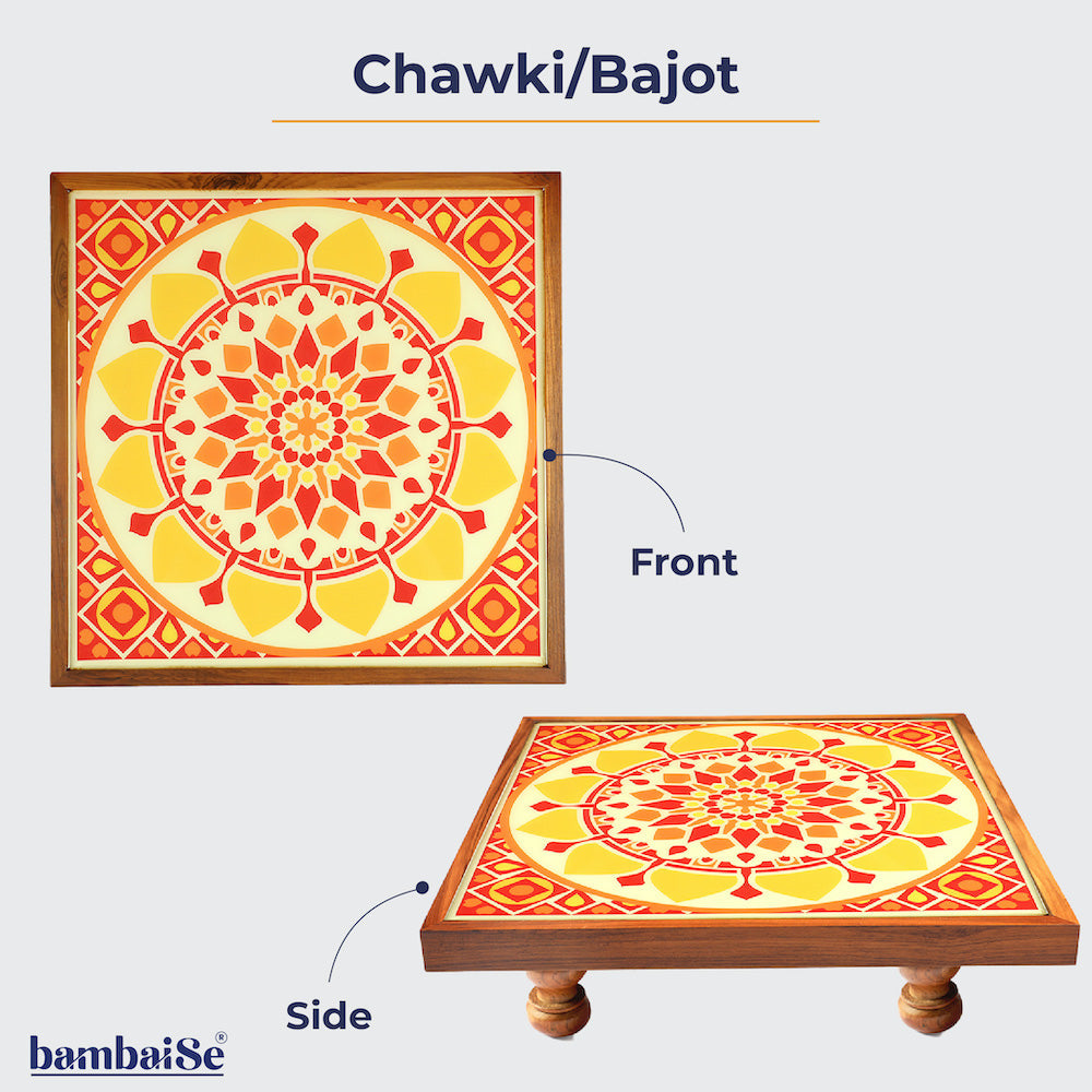 Introducing the Bajot Sunshine Mandala Art ‰ÛÒ a Teak Wood creation with Serenity Mandala Art, perfect for decor, pooja, and spiritual decor. Also known as Chowki or Pattla, this piece provides a sacred platform for placing god idols, adding elegance and charm to your space.