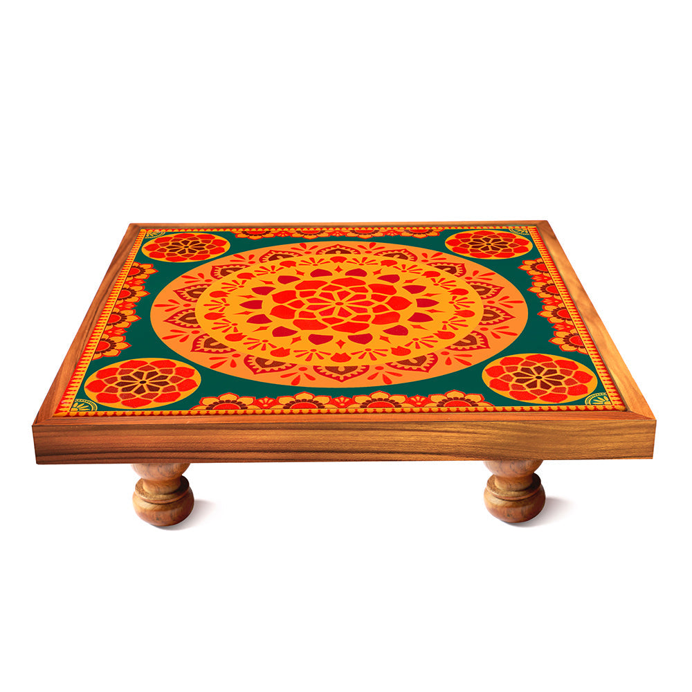 This beautiful yellow-green mandala art chowki is the ideal addition to your living area or pooja room.