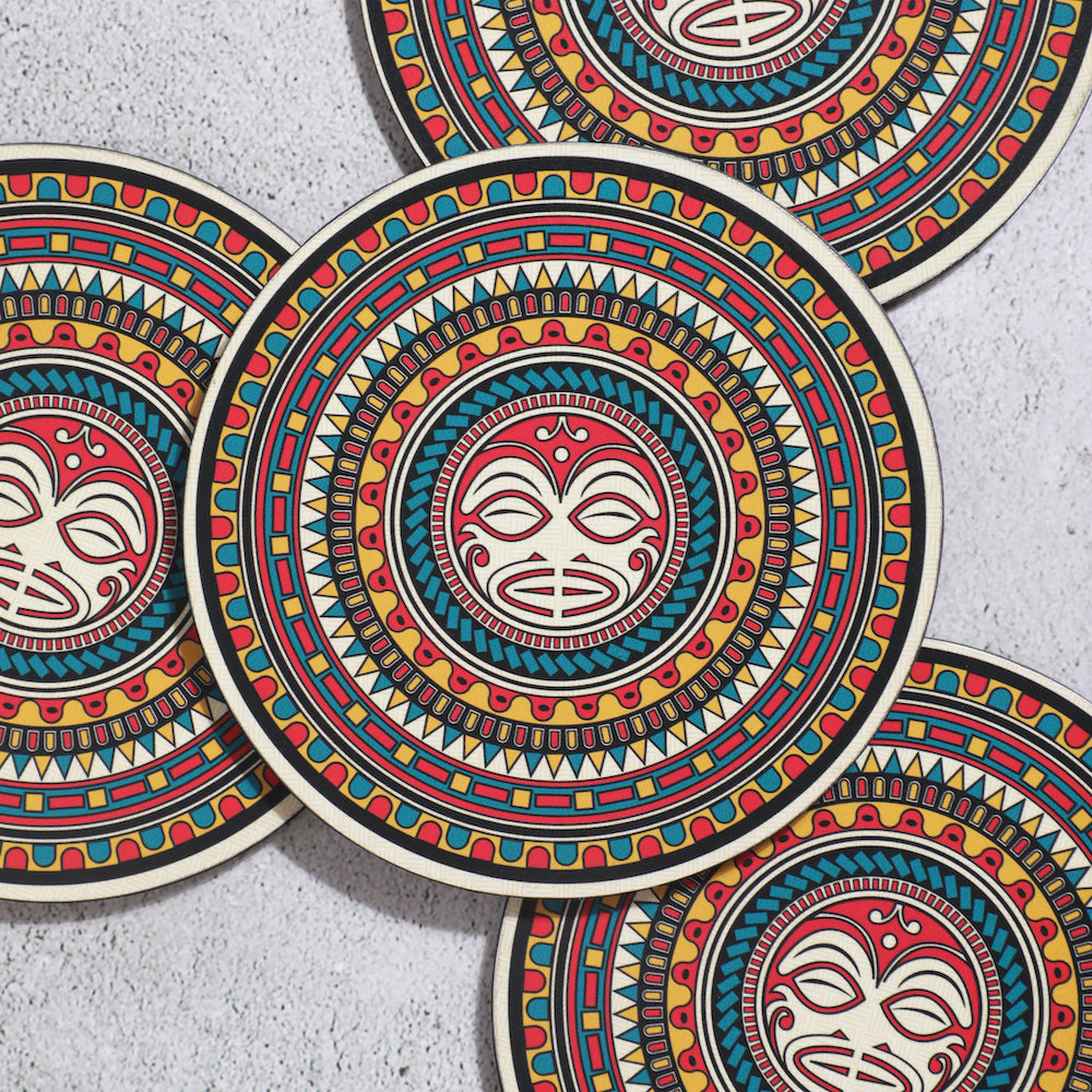 Enhance your table aesthetics with the HARI KOA Maori Mandala Big Coaster, a set of four high-quality laminated wood coasters. Designed for ice-cold drinks and to protect tables from hot utensils, these round coasters feature captivating Maori Mandal Art, bringing a touch of chaos-resistant serenity to your space.