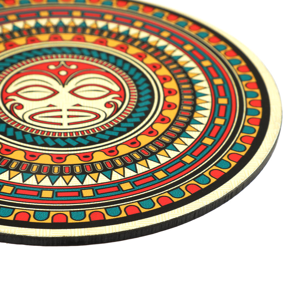 Optimize your table settings with the HARI KOA Maori Mandala Big Coaster set, made from high-quality laminated wood. Each coaster in this set of four not only serves as a round platform for ice-cold drinks but also protects tables from hot utensils, all while showcasing unique Maori Mandal Art.
