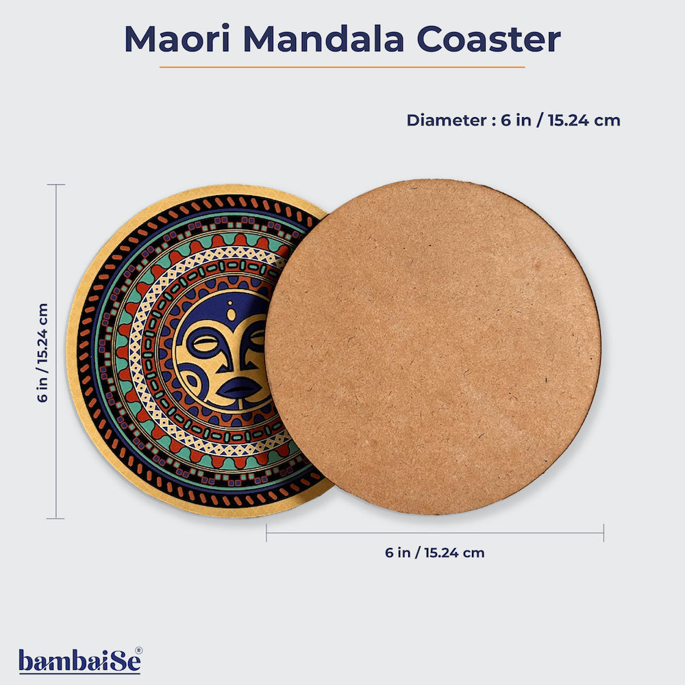 Immerse your table settings in artistry with the MAIA Maori Mandala Big Coaster set, a pack of four round coasters crafted from high-quality laminated wood. Designed for ice-cold drinks and protection from hot utensils, each coaster features captivating Maori Mandal Art, bringing a touch of chaotic serenity to your space.