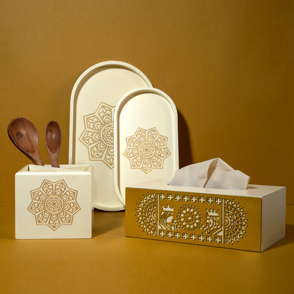 Buy beautiful ivory white collection. Transform your home with this lovely bundle, featuring an ivory white tissue box, a spoon stand, and two oval trays.