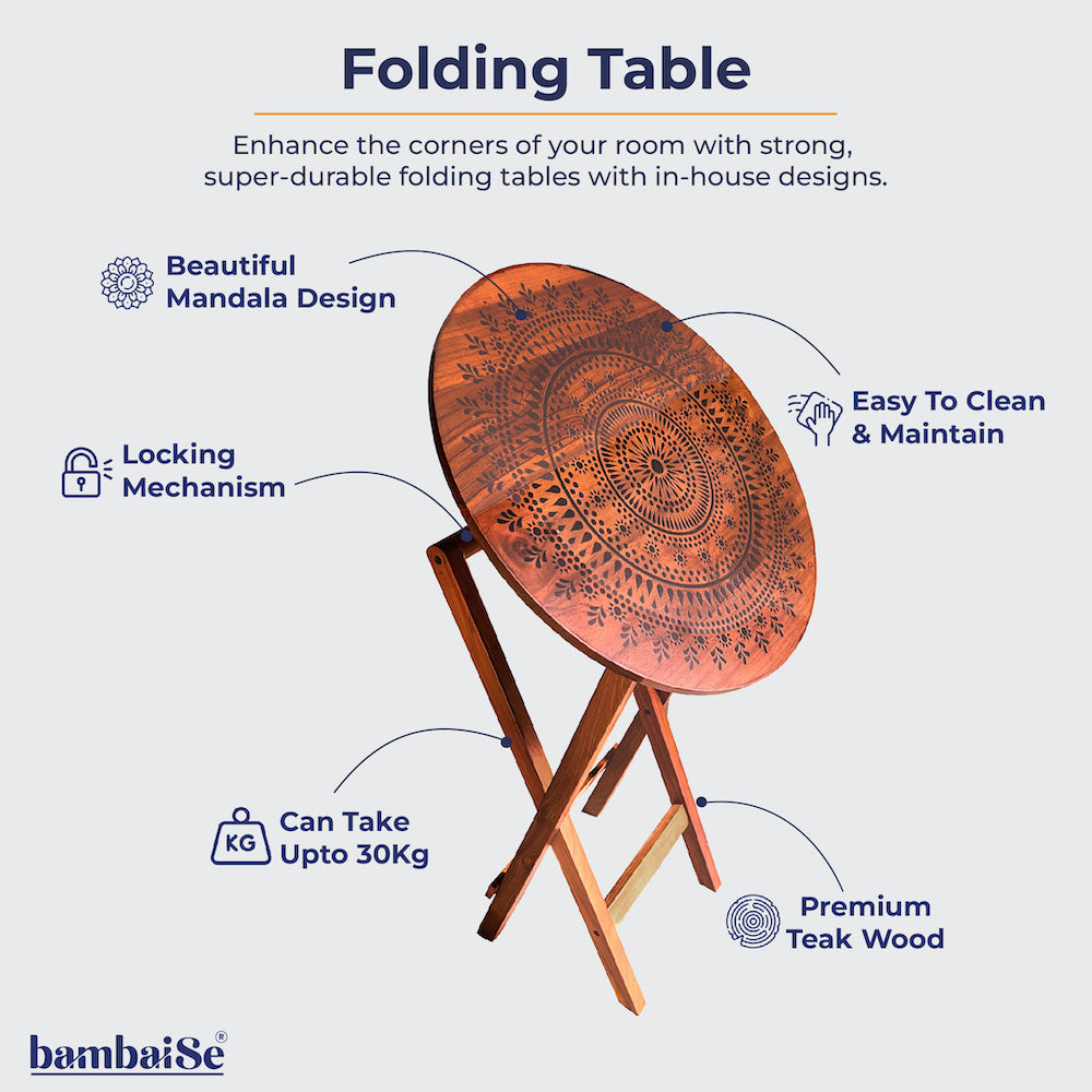 Experience the serenity of Mandala Art with our Blooming Teak Round Folding Table. Crafted from 100% Teak Wood, this table seamlessly transitions between roles as a coffee table, sofa side table, bed side table, or balcony masterpiece ‰ÛÒ all while being easy to clean and maintain.