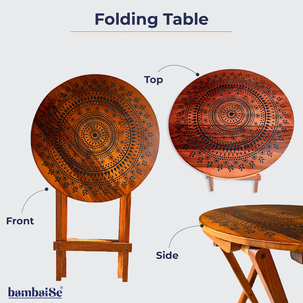 Transform your living spaces with the Blooming Teak Round Folding Table, adorned with captivating Mandala Art. Made from 100% Teak Wood, this versatile piece serves as a coffee table, sofa side table, bed side table, or balcony enhancement with effortless cleaning and maintenance.