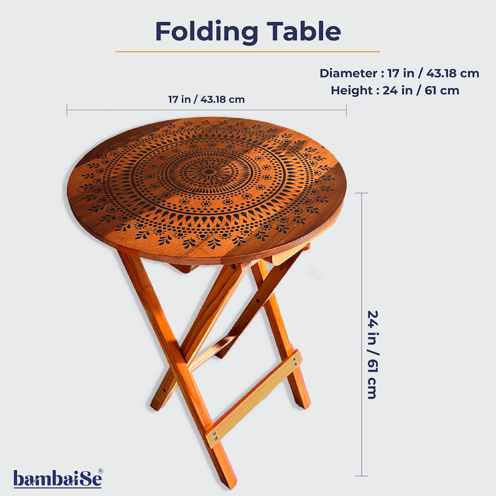 Introducing the Blooming Teak Round Folding Table ‰ÛÒ a fusion of Mandala Art and 100% Teak Wood craftsmanship. Ideal for use as a coffee table, sofa side table, bed side table, or balcony feature, this table adds artistic flair while being easy to clean and maintain.