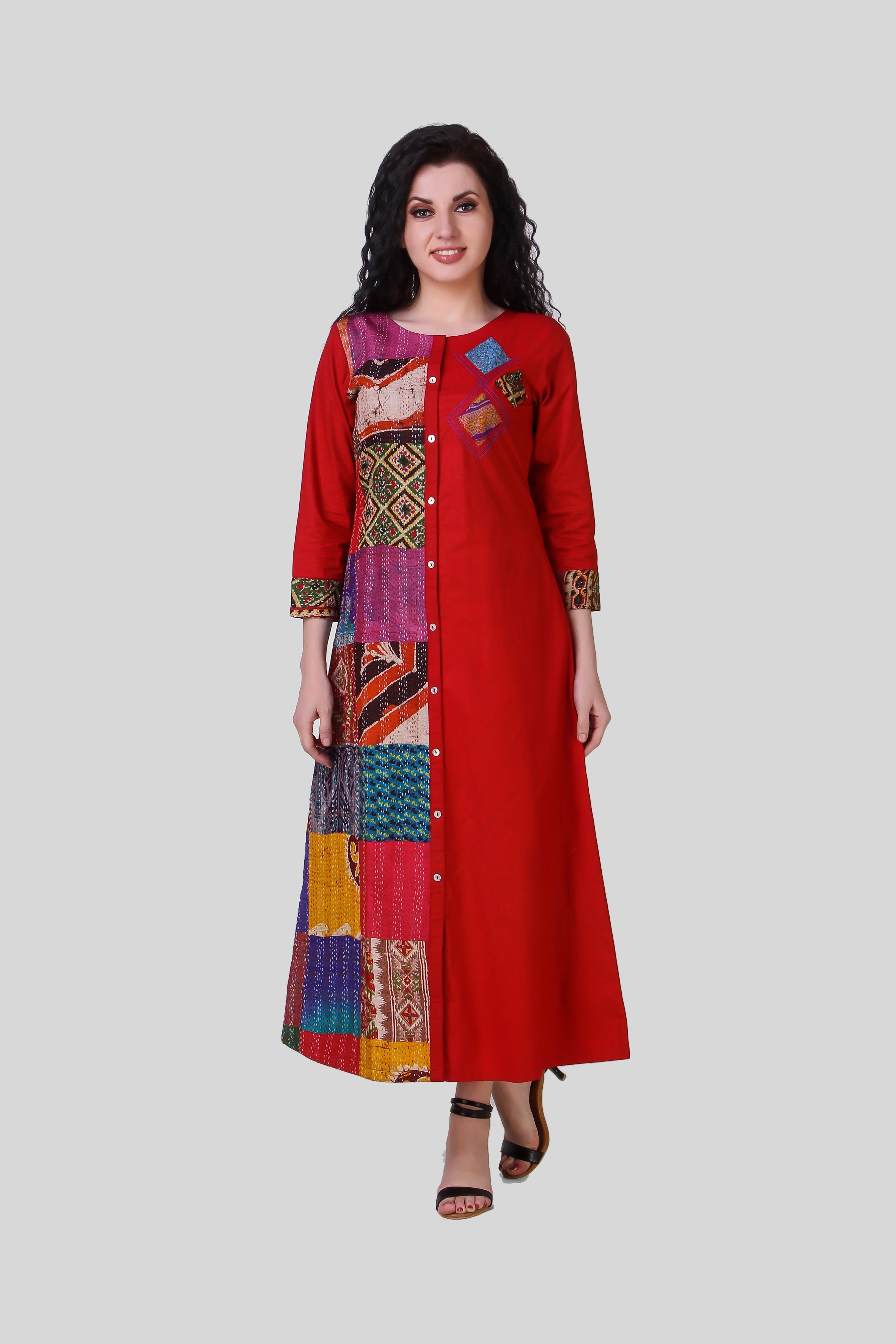 GULAAL: Red vintage silk kantha hand embroidered dress