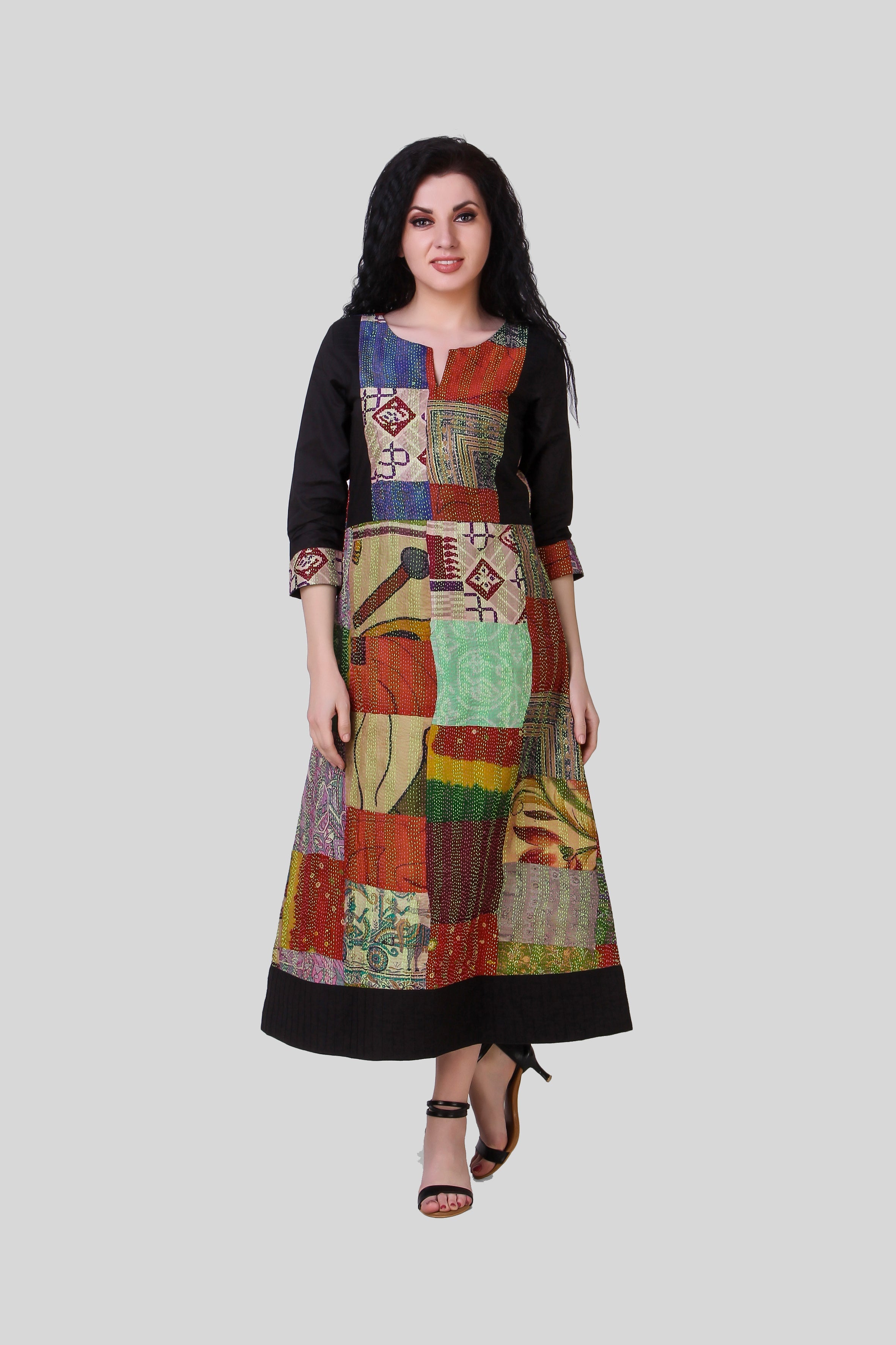 KAALI: Vinatge silk kantha black dress