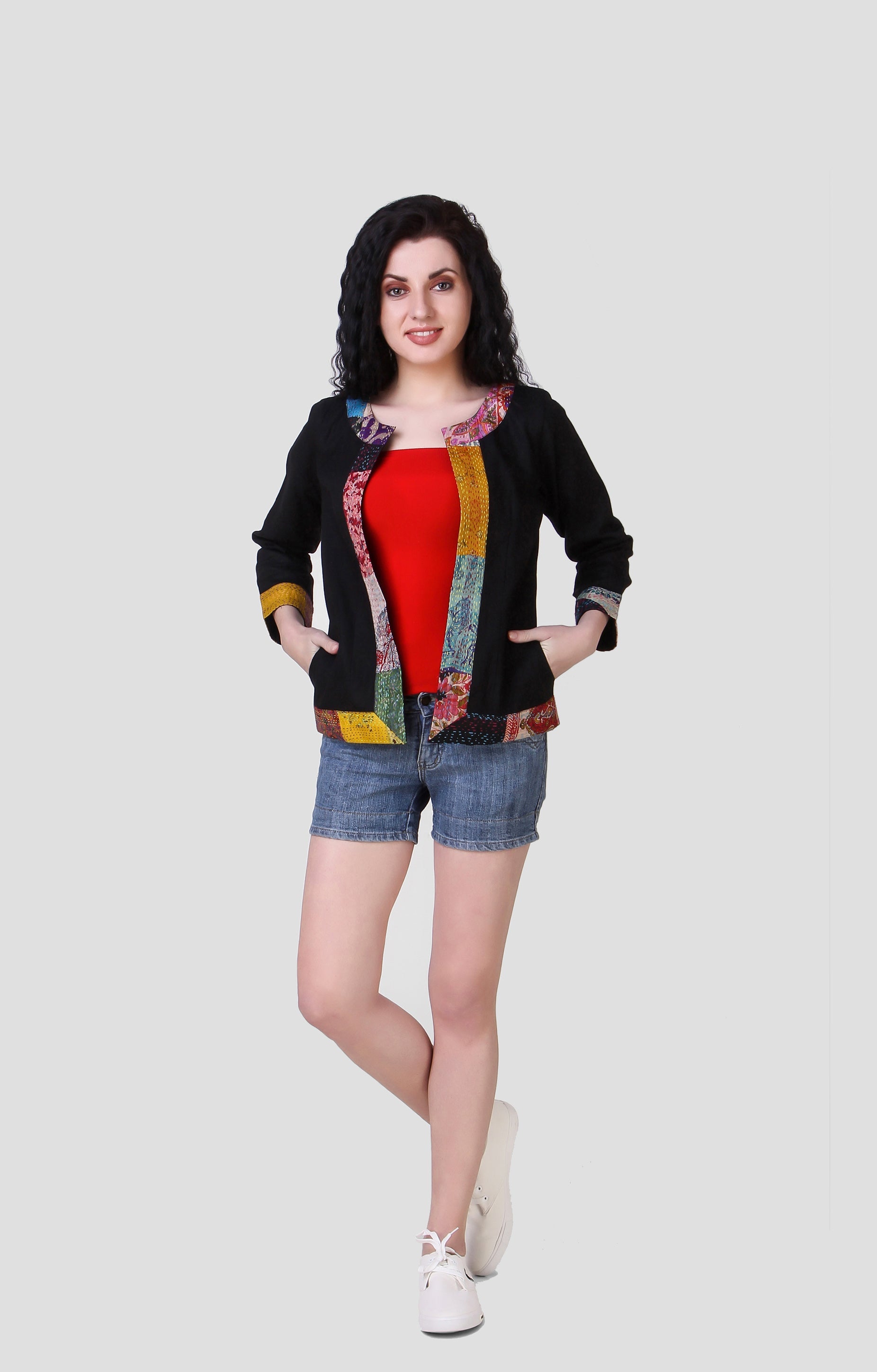 PAIBAND: Cotton jacket with silk kantha patch