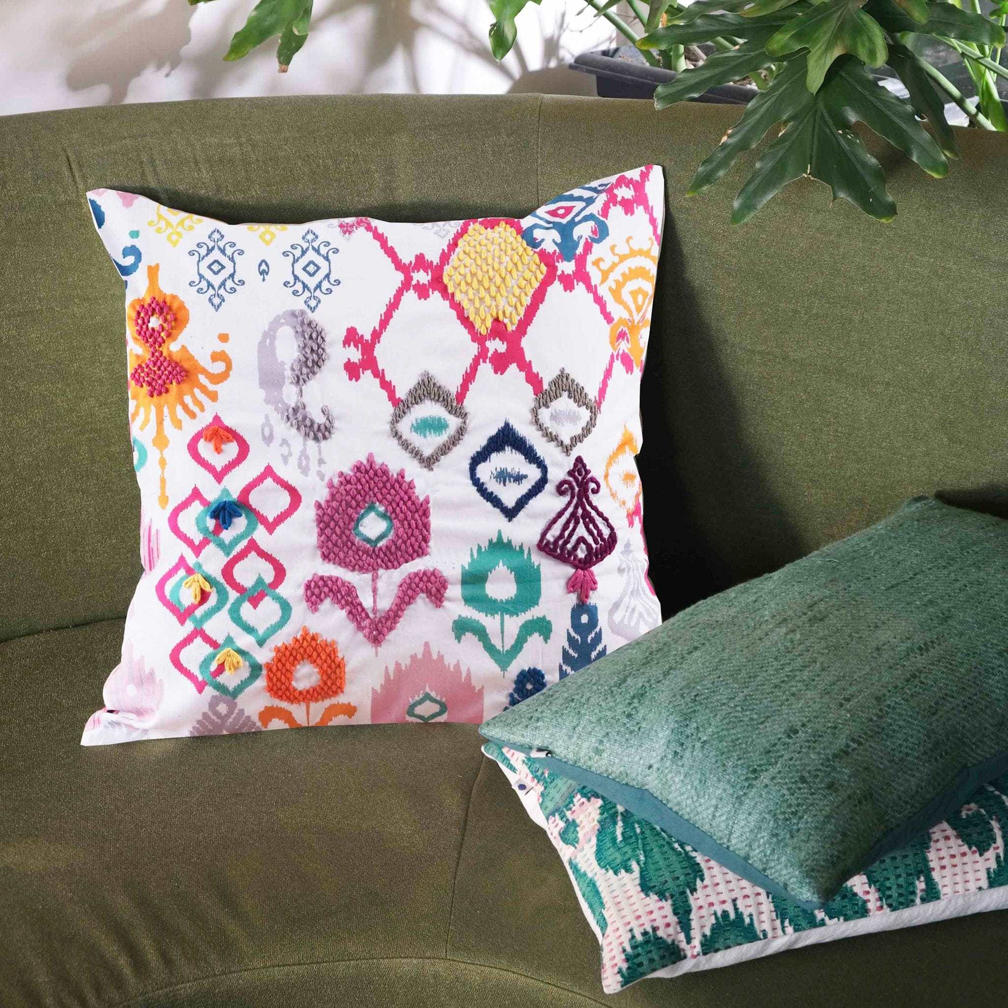 Ikat Embroidery Cushion Cover