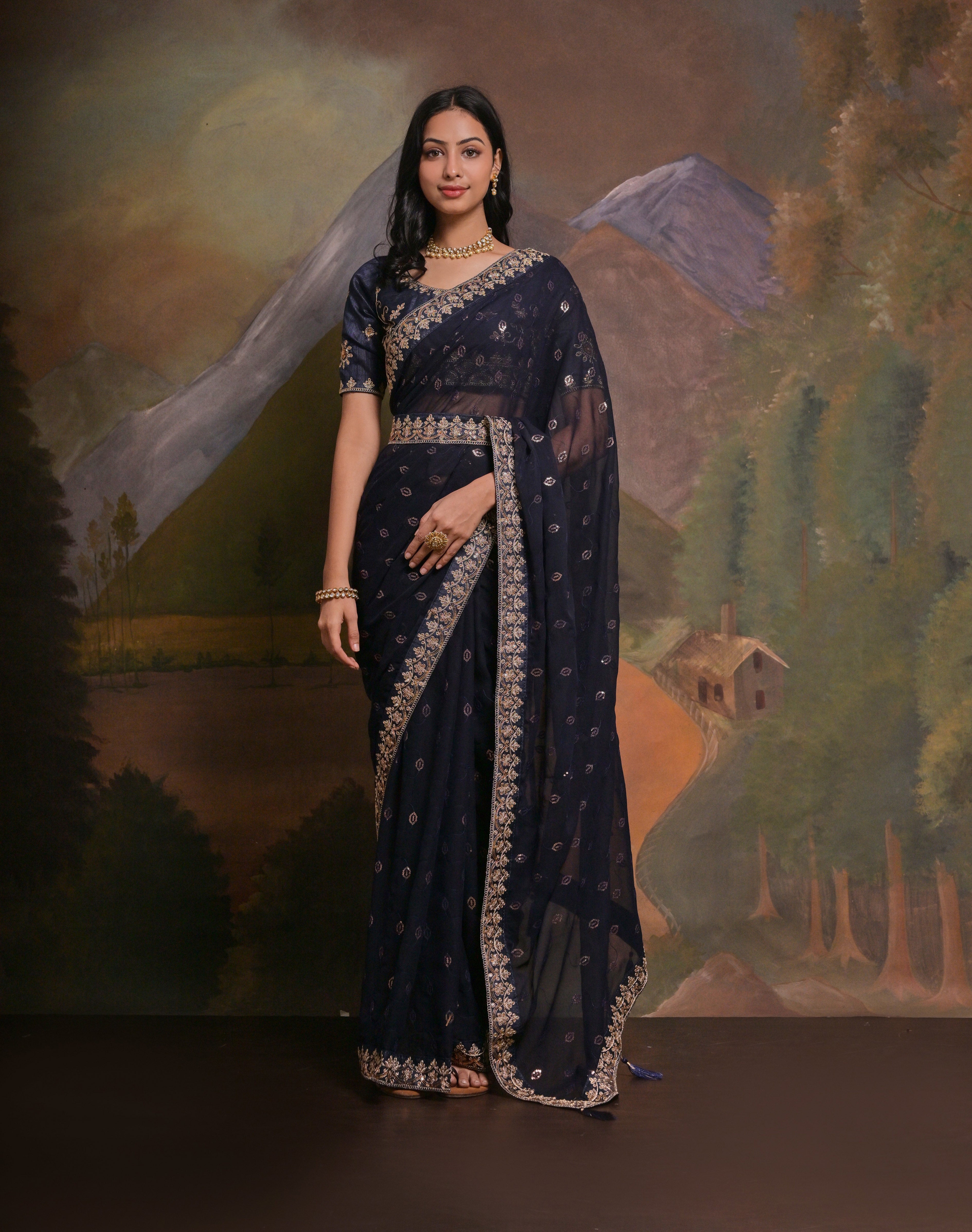 ZOHRA: Wine georgette hand embroidered saree