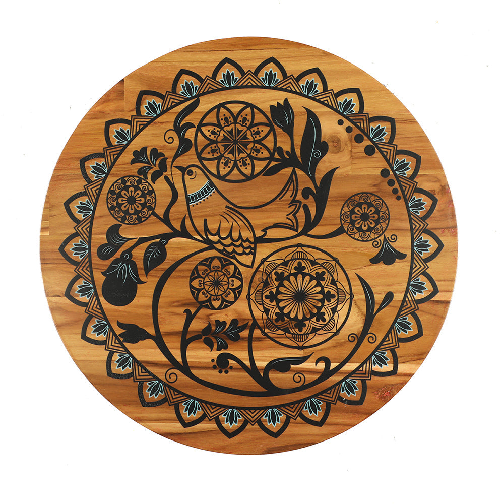A Lazy Susan turntable (rotating tray) perfect for the dining table, kitchen spices, and more This lazy Susan is made of Teak wood with mandala art on it.