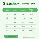 Size chart for men's oversized bamboo T-shirt showing measurements for S, M, L, XL, and XXL.