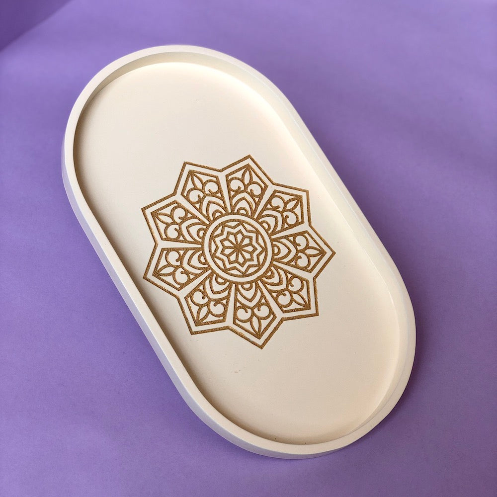 oval tray - ivory white oval tray with golden craved mandala art