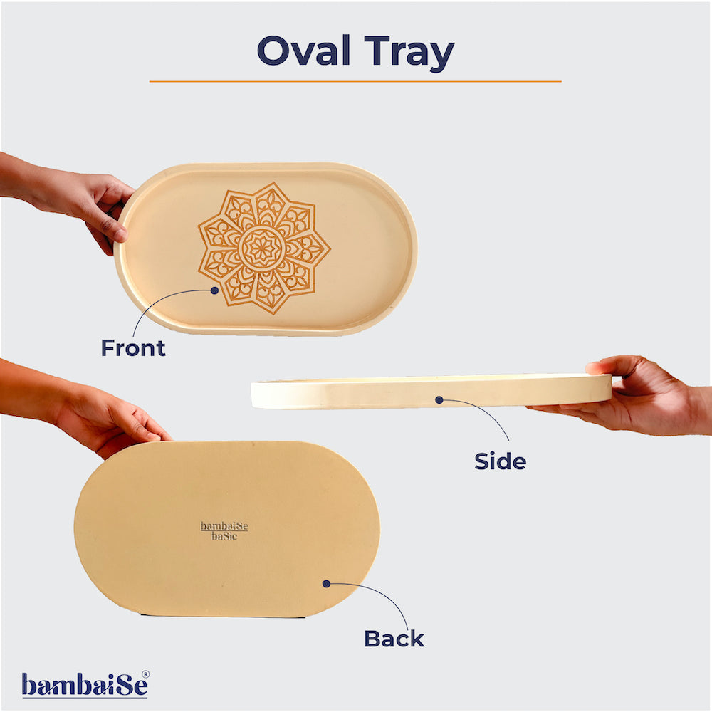 Optimize your daily rituals with the Ivory White Oval Tray, a Premium Painted Wood marvel featuring Serenity Mandal Art. Light-weight and sized at 13" x 7.5" x 0.75"H, this versatile tray seamlessly blends into different settings, enhancing your serving, organizing, and decorative experiences.