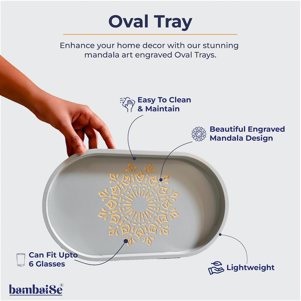 Experience sophistication with the Pebble Grey Oval Tray (medium), a Premium Painted Wood creation designed for versatility. Light-weight and featuring Serenity Mandal Art, this tray seamlessly adapts to different settings, creating a stylish focal point for serving, organizing, and elevating your decor.