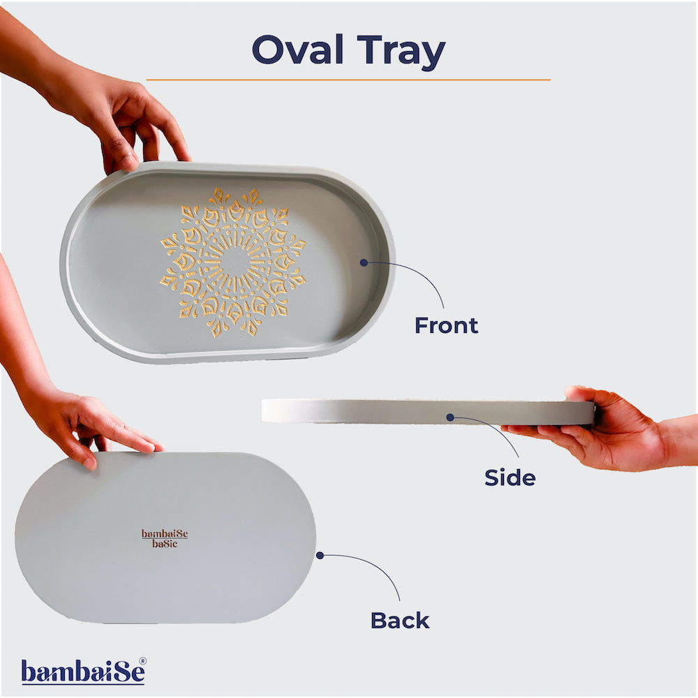 Transform your space with the Pebble Grey Oval Tray (medium), an artful creation made from light-weight Premium Painted Wood. Sized perfectly for versatility, this tray with Serenity Mandal Art offers a harmonious blend of functionality and aesthetics, ideal for serving, organizing, and elevating your decor.