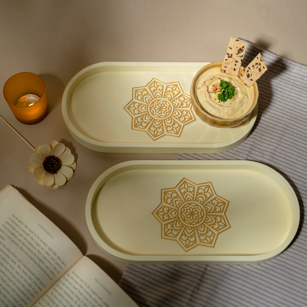 Experience elegance in simplicity with our Ivory White Oval Tray, crafted from Premium Painted Wood. This light-weight and versatile tray, adorned with Serenity Mandala Art, are perfect for serving, organizing, and adding a touch of decor to any setting.