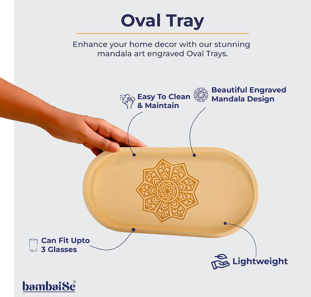 Elevate your serving experience with the Ivory White Oval Tray, a Premium Painted Wood creation designed for versatility. Light-weight and stylish, this tray, featuring Serenity Mandala Art, is ideal for serving, organizing, and enhancing your decor.