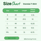 Size chart for men's oversized bamboo T-shirt, showing measurements for S, M, L, XL, and XXL in inches.