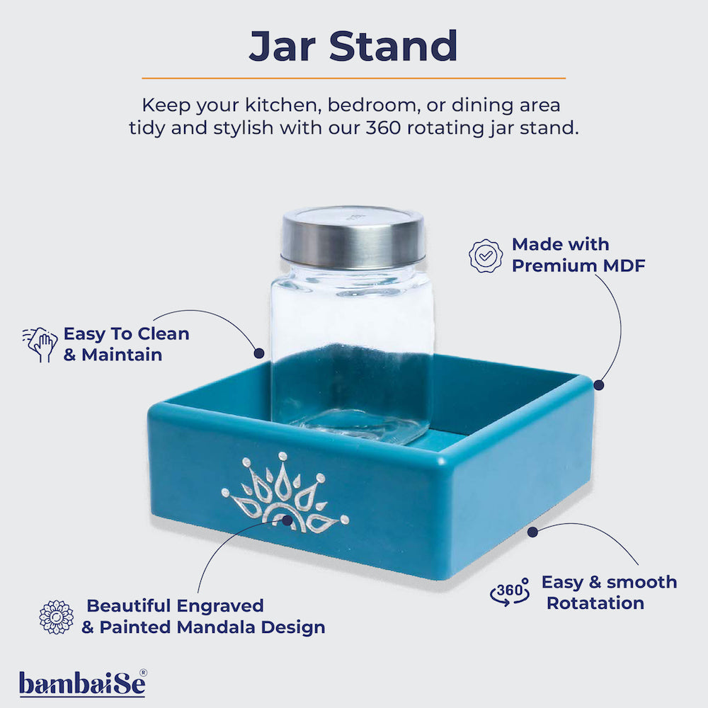Experience harmony in organization with the Blue Revolving Jar Tray Organizer. Crafted from Premium Painted Wood, this functional piece accommodates four jars and rotates 360 degrees for convenient access. Ideal for neatly arranging dry fruits or spices, it's a stylish addition to your kitchen, living room, or dining table.