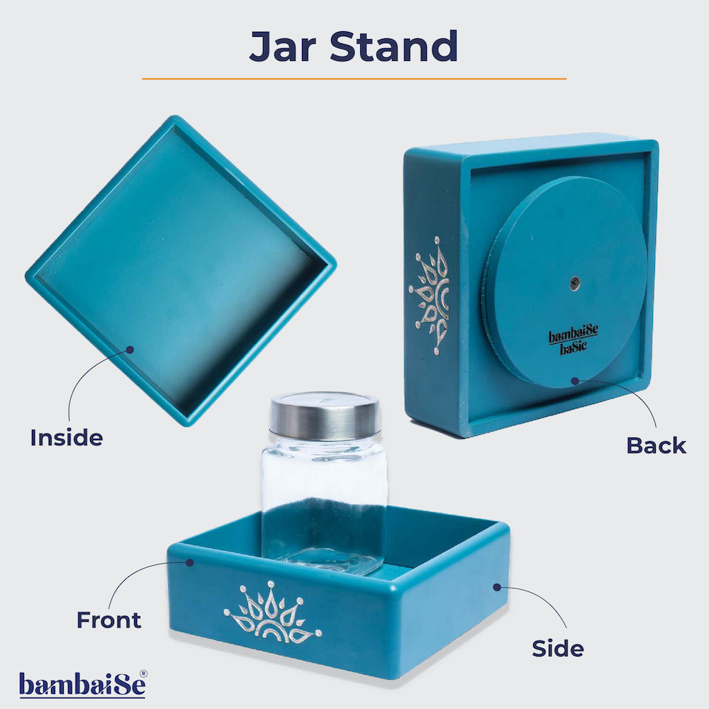 Optimize your space with the Blue Revolving Jar Tray Organizer, a Premium Painted Wood solution adorned with Serenity Mandala Art. Effortlessly organize four jars while enjoying the 360-degree rotation feature. 