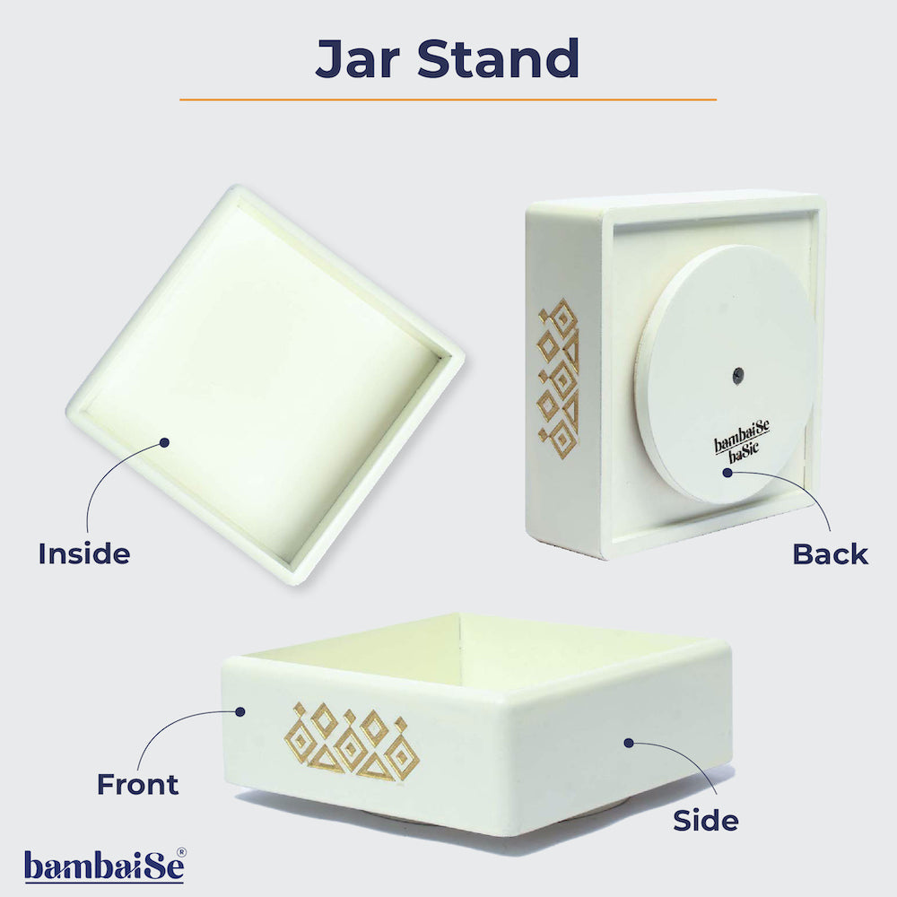Optimize your storage with the Off White Revolving Jar Tray Organizer, a Premium Painted Wood creation embellished with Serenity Mandala Art. Revolutionize organization with its 360-degree rotation, accommodating four jars effortlessly. 