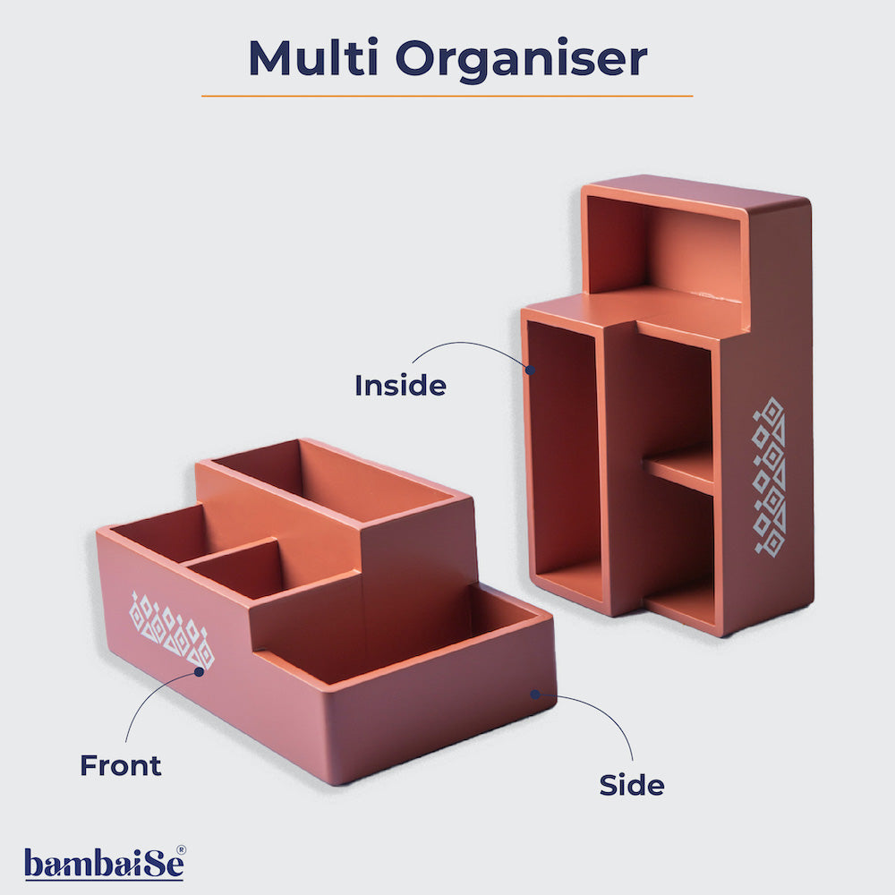 Say goodbye to clutter and hello to organization with our Amber Orange Multi Organizer. Whether you're looking to tidy up your desk, bathroom, or any other space in your home, this organizer is the perfect companion. Its sleek design and vibrant amber orange color make it a stylish addition to any decor. Experience the convenience of having a dedicated space for your essentials with the functional and chic Amber Orange Multi Organizer.