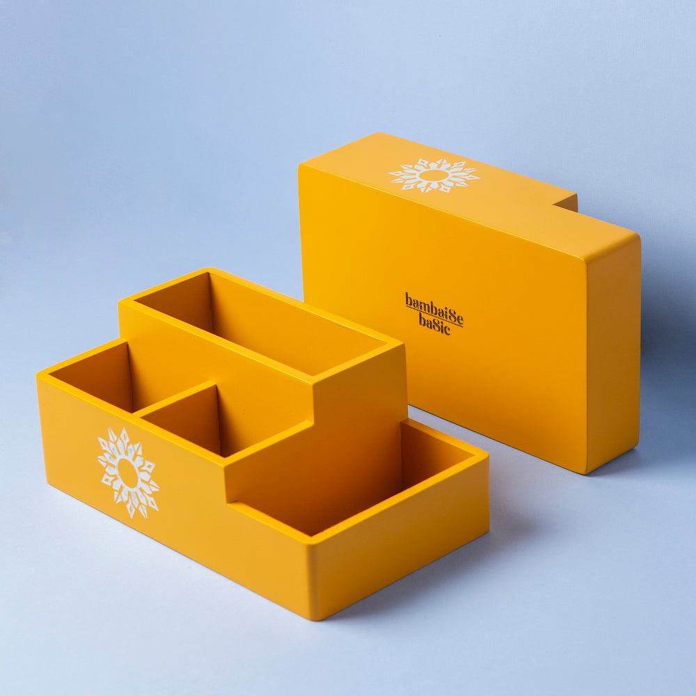 Yellow mandala art multi organizer - BambaiSe design for stylish storage.