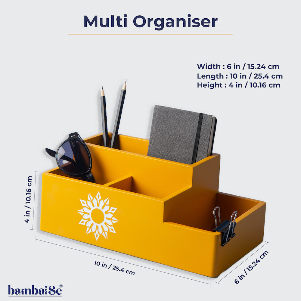 Elegant multi compartment organizer in yellow with BambaiSe's unique mandala design.
