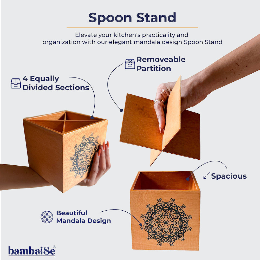 Discover the charm of organization with the Wood Light Spoon Stand, crafted from lightweight Birch Wood. Featuring removable 4 sections for easy cleaning and Serenity Mandal Art, this stand not only organizes your cutlery effortlessly but also adds a touch of serenity to your dining decor.