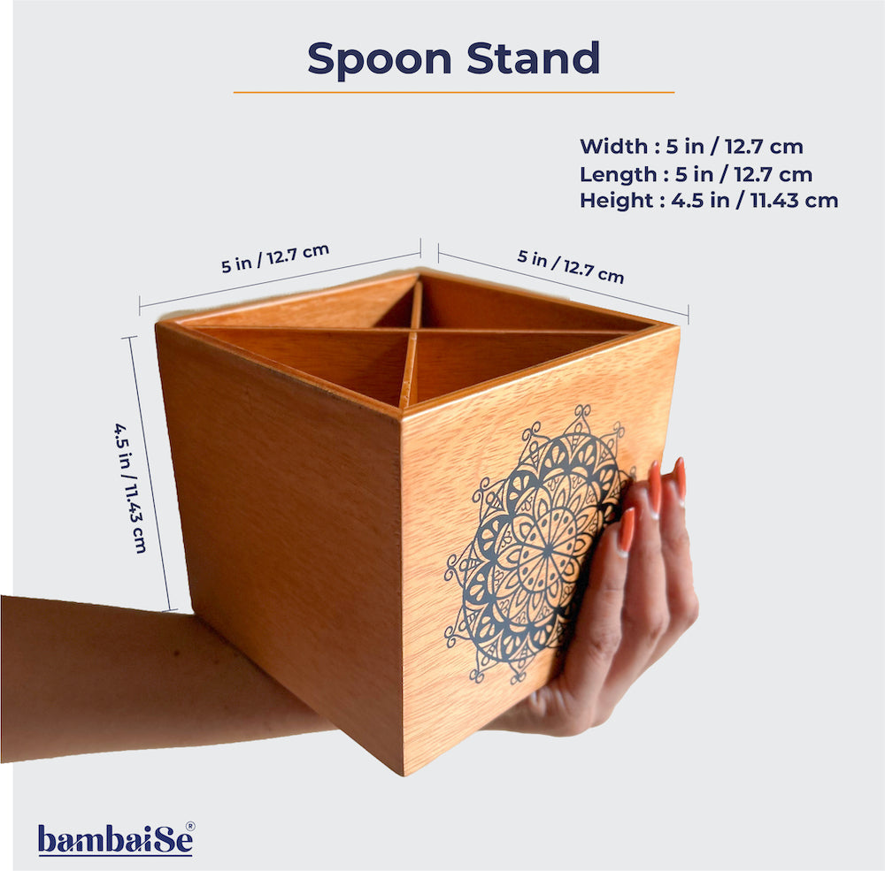 Optimize your kitchen space with the Wood Light Spoon Stand, a lightweight Birch Wood creation designed for easy cutlery organization. Adorned with Serenity Mandal Art and featuring removable 4 sections, this stand brings a perfect balance of chaos and serenity to your dining decor.