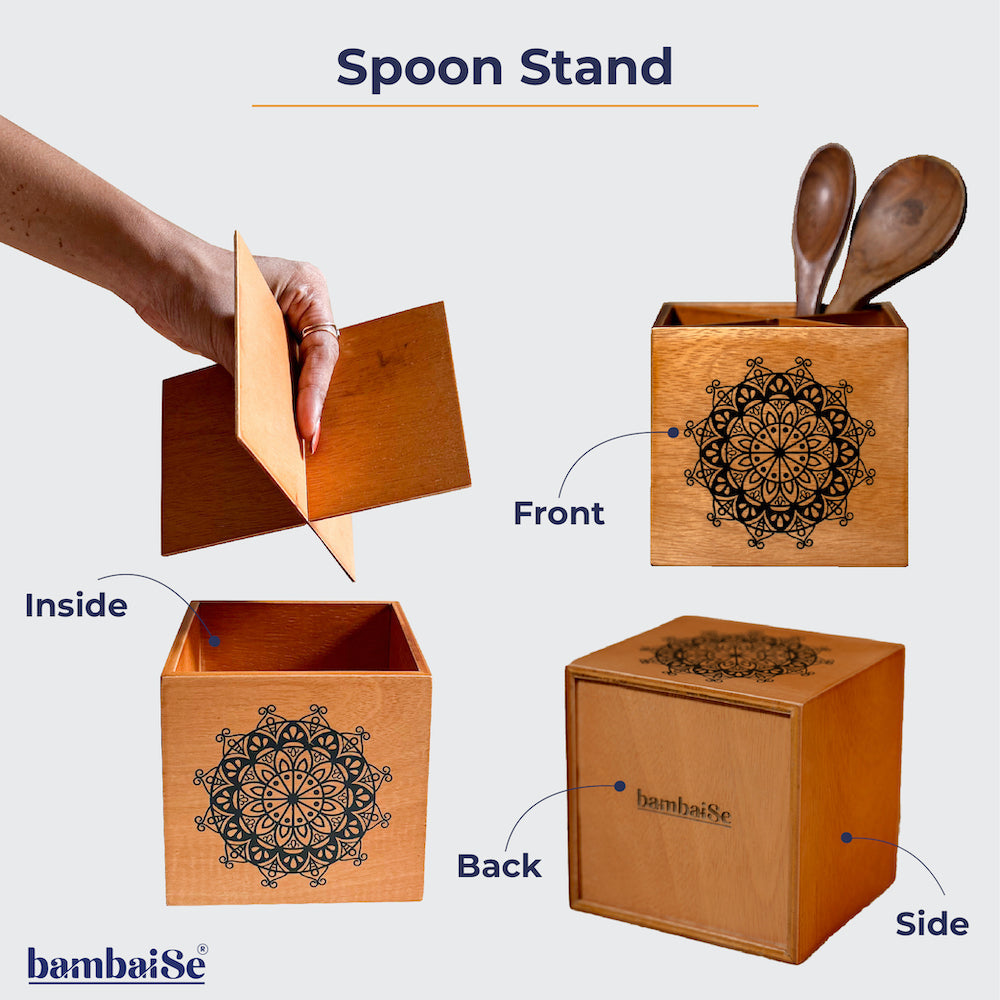 Introducing the Wood Light Spoon Stand ‰ÛÒ a sleek and functional solution for organizing cutlery. Crafted from lightweight Birch Wood and featuring Serenity Mandal Art, this stand with removable 4 sections adds a touch of serenity in the midst of chaos, enhancing your dining decor.