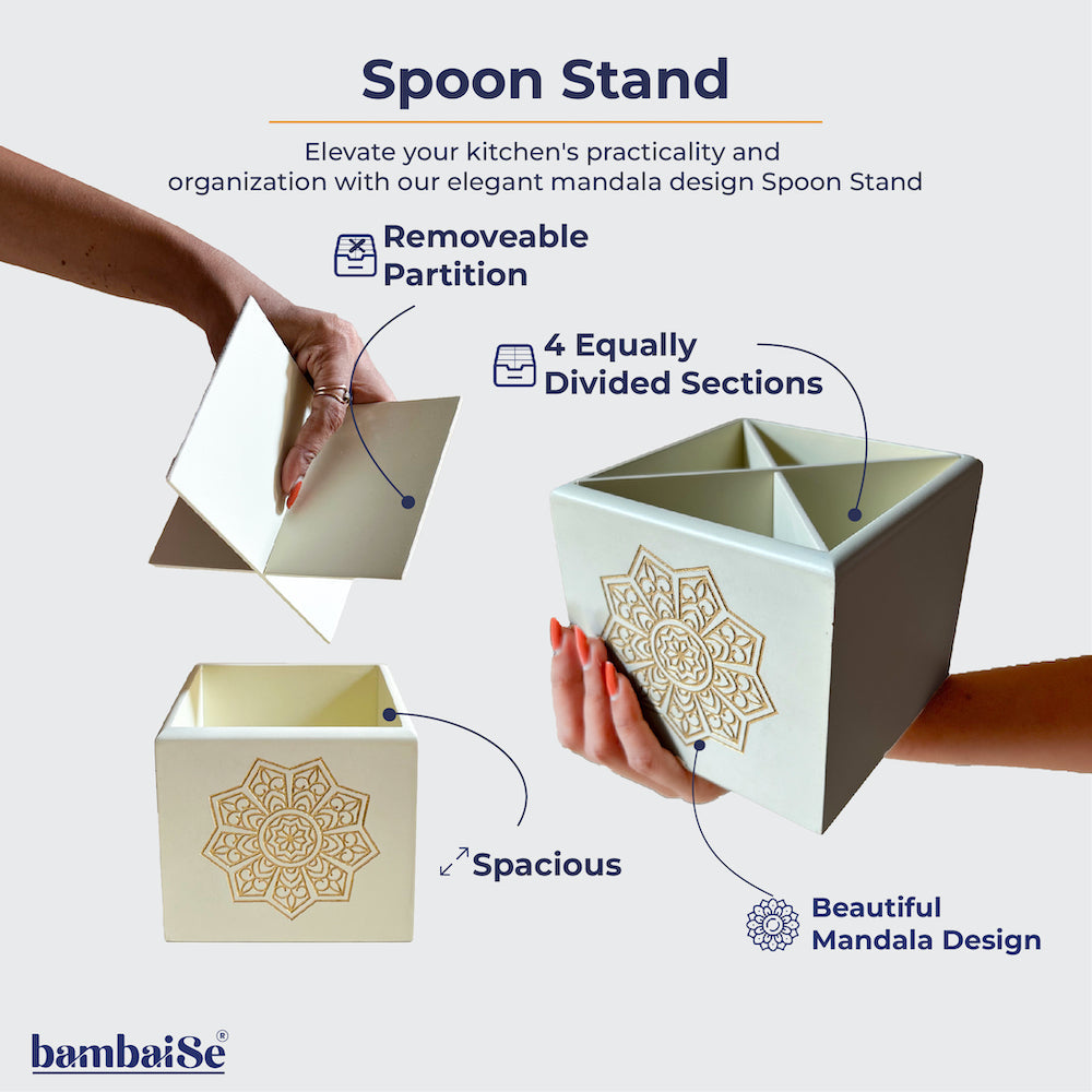 Discover elegance in organization with the Ivory White Spoon Stand, a Premium Painted Wood creation perfect for keeping your cutlery in order. The engraved Serenity Mandal Art adds a touch of sophistication, making this stand a versatile and decorative addition to your kitchen platform and dining setup.