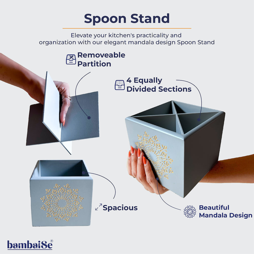 Discover practical elegance with the Pebble Grey Spoon Stand, a Premium Painted Wood creation designed for dining decor and kitchen cutlery organization. The engraved Serenity Mandal Art adds sophistication, while the removable 4 sections provide convenience and easy cleaning.