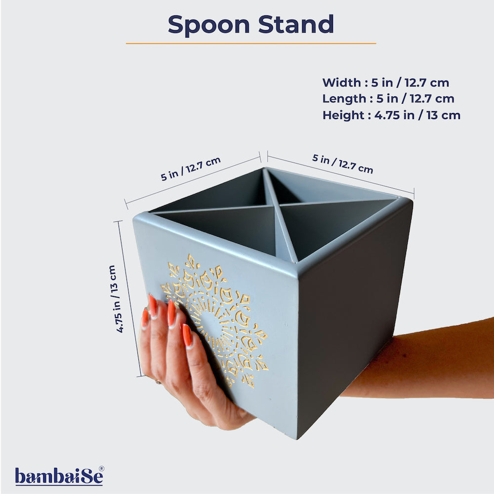 Optimize your kitchen space with the Pebble Grey Spoon Stand, meticulously crafted from Premium Painted Wood. Enhance your dining decor with the engraved Serenity Mandal Art, and enjoy the practicality of removable 4 sections, making it easy to clean and organize your kitchen cutlery.
