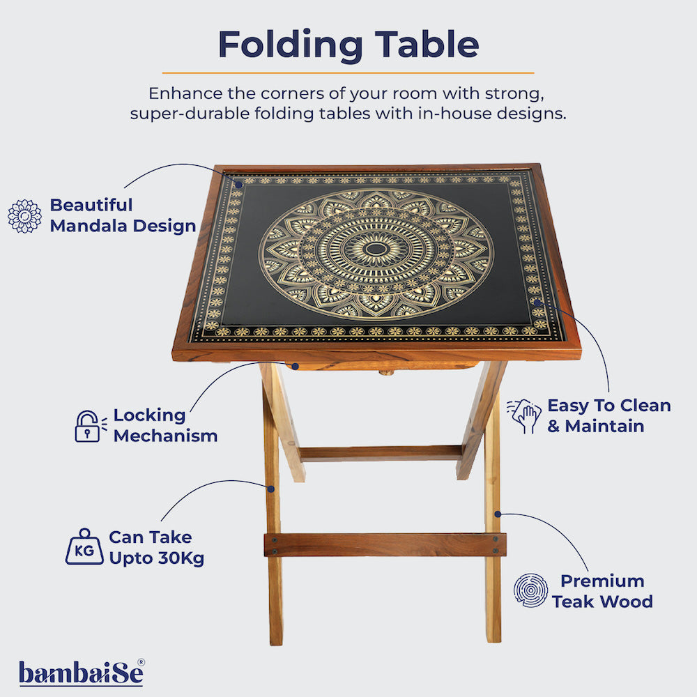 Transform your space with the elegance of the Gold and Black Square Folding Table. Featuring exquisite Mandala Art on teak wood, this versatile table adds serenity as a coffee table, sofa side table, bed side table, or balcony centerpiece. Enjoy the convenience of complete foldability and easy maintenance.