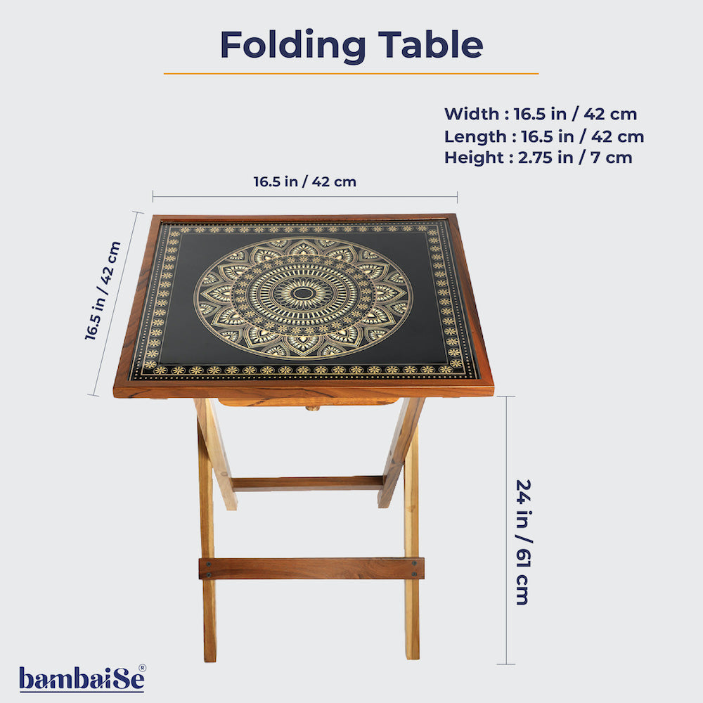 Crafted from teak wood with captivating Mandala Art, this table seamlessly transitions between roles as a coffee table, sofa side table, bed side table, or balcony enhancement. Its foldable design adds convenience, and easy cleaning and maintenance make it a standout piece.