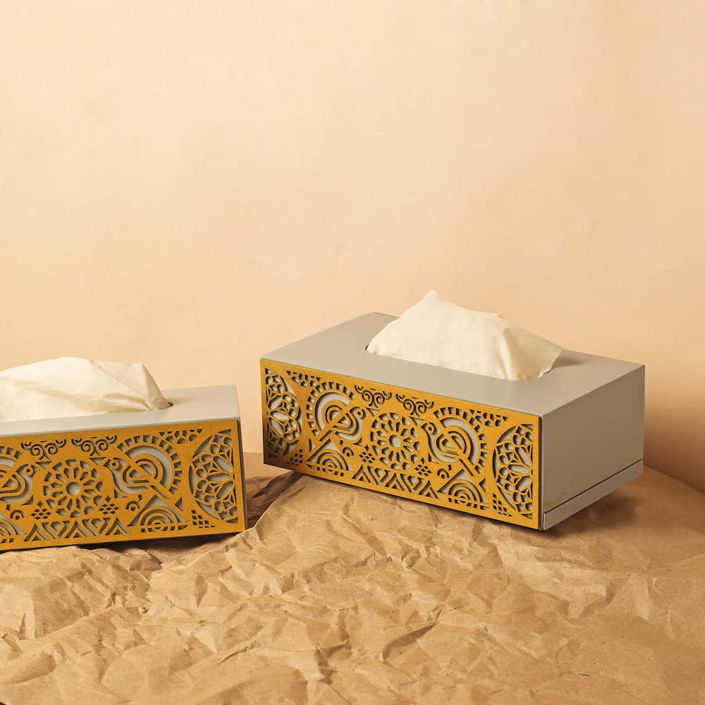 Mandala Art Cutwork Tissue Box in Grey and Gold: Functional Art for Your Space