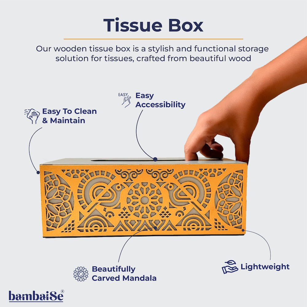 Enhance your space and stay organized with the Mandala Art Cutwork Tissue Box in Grey and Gold. This stylish accessory not only adds a touch of elegance to your decor but also provides a convenient and attractive way to keep tissues easily accessible in any room.