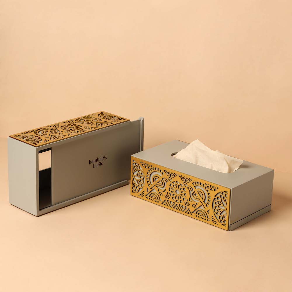 Add a Touch of Boho Elegance with the Mandala Art Cutwork Tissue Box in Grey and Gold