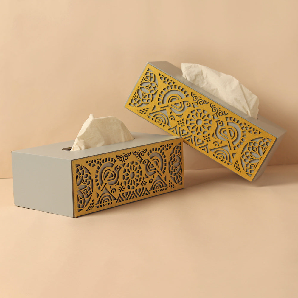 Transform Your Space with the Grey and Gold Mandala Art Cutwork Tissue Box