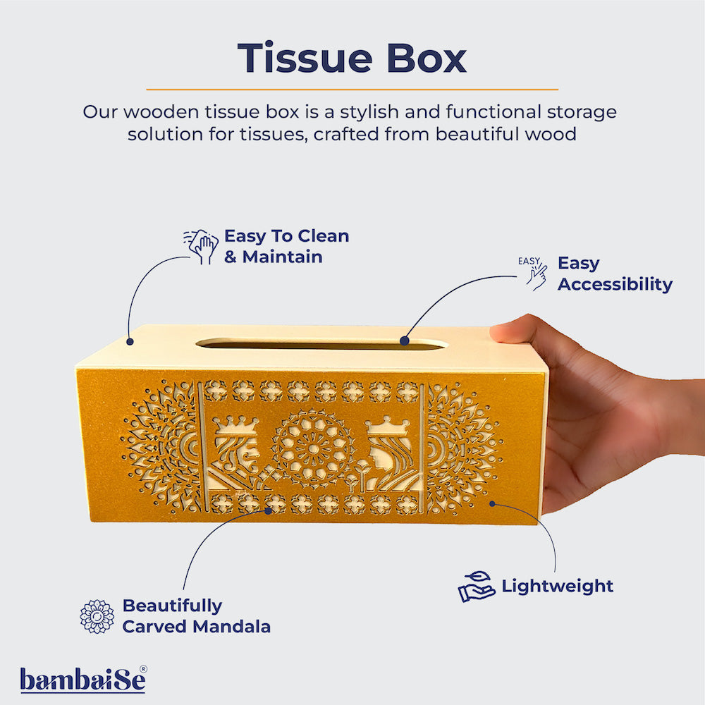 Experience the perfect blend of beauty and practicality with the Mandala Art Cutwork Tissue Box in White and Gold. This functional accessory not only adds a touch of sophistication to your decor but also provides a stylish solution for keeping tissues organized and easily within reach in any room of your home.