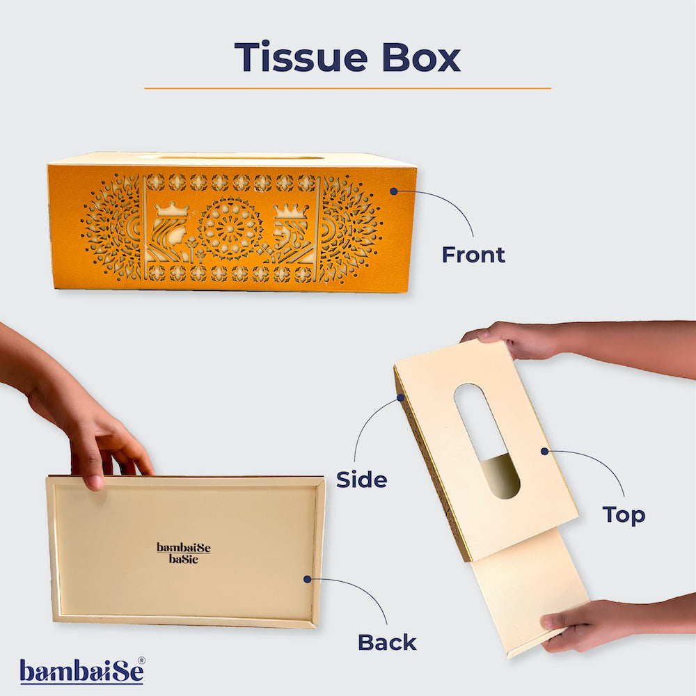Functional Elegance: Mandala Art Cutwork Tissue Box in White and Gold for Every Room