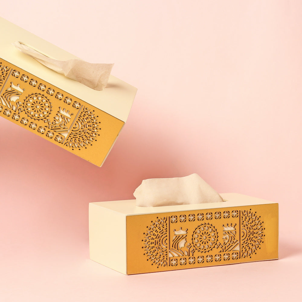 Chic and Stylish: Mandala Art Cutwork Tissue Box in Elegant White and Gold